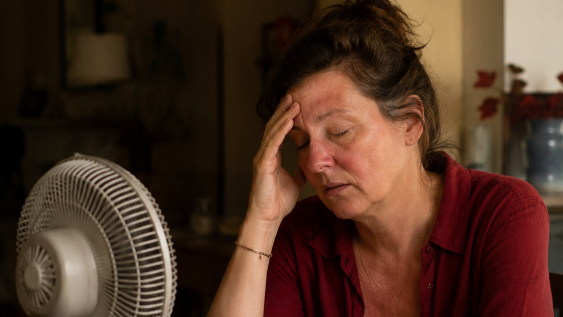 Woman experiencing an overwhelming menopause day while sitting in front of a fan